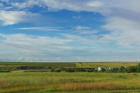 Blue spring sky over the fields of agricultural farm Stock Photos