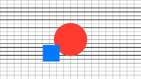 Blue square next to a large red circle on grid background Stock Illustration