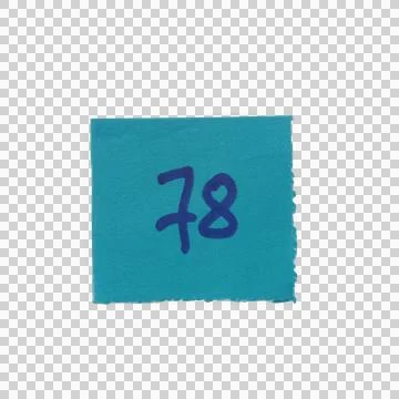 Blue square paper note with handwritten number seventy eight on a transpare.. Foto stock