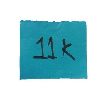 Blue square paper note with handwritten 11k sign isolated on white background Stock Photos