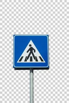 A blue square sign with a white triangle and a black pedestrian symbol Stock Photos