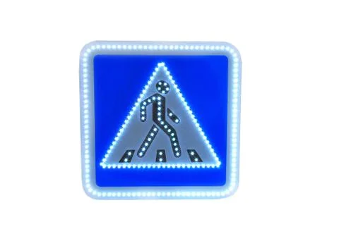 Blue square traffic sign for pedestrian crossing against white background. Stock Photos