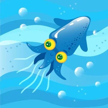 Blue squid in the water, waves and bubbles. Vector children's illustration. Illustrazione stock