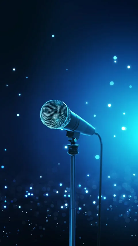 Blue Stage Microphone with Bokeh and Wide Copy Space for Podcast Promo Stock Footage 342639579