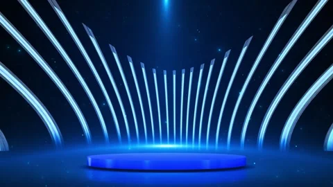 Blue stage platform glowing light pillars, star particles, cinematic spotlight d Stock Footage 340467711