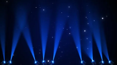 Blue stage spotlight background bright beams, glowing floor lamps, and tiny star Stock Footage 340414472