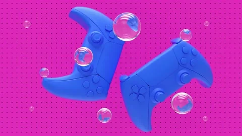 Blue standard videogame controllers on a pink background with pattern dots an Stock Footage 150981932