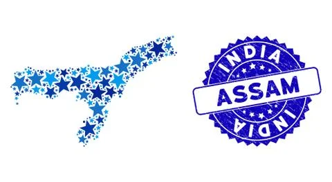Blue Star Assam State Map Composition and Grunge Stamp Seal Illustrazione stock