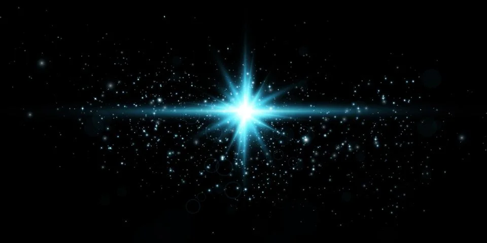 Blue star, on a black background, the effect of glow and rays of light, glowing Illustrazione stock