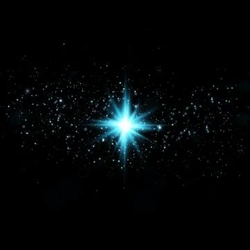 Blue star, on a black background, the effect of glow and rays of light, glowing Stock Illustration