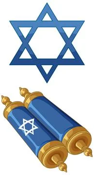 Blue Star of David and Torah Scroll Vector Illustration Set Illustration