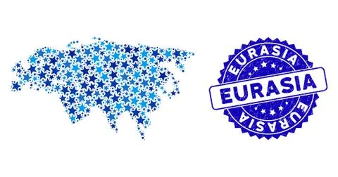 Blue Star Eurasia Map Mosaic and Distress Stamp Stock Illustration