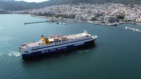 Blue Star Ferries Ship Arrival in Kavala Port, Aerial View of Ferry Boat Stockbeeldmateriaal 339245385