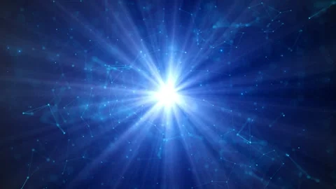 Blue star flare bright central light, network nodes, polygon lines, smoky digita Stock Footage 340471329
