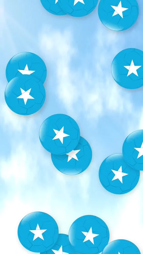 Blue Star Pattern Soccer Balls Falling Through Cloudy Sky Stock Footage 341558153