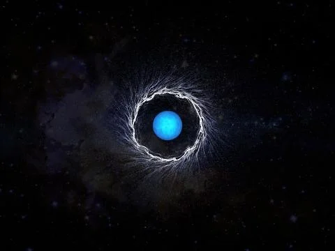 Blue star with rings of particles in the form of curls Stock Illustration