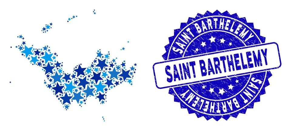 Blue Star Saint Barthelemy Map Composition and Scratched Stamp Seal Stock Illustration