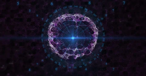Blue starburst appearing on hex grid driving numbered rings rotating, purple Stock Footage 313328736
