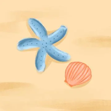 Blue Starfish And Orange Shell On Sandy Beach Illustration 库存插图