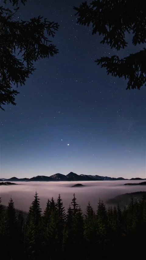 Blue Starry Night Sky Over Misty Mountains, Vertical Astronomy Time Lapse Stock Footage 322801871