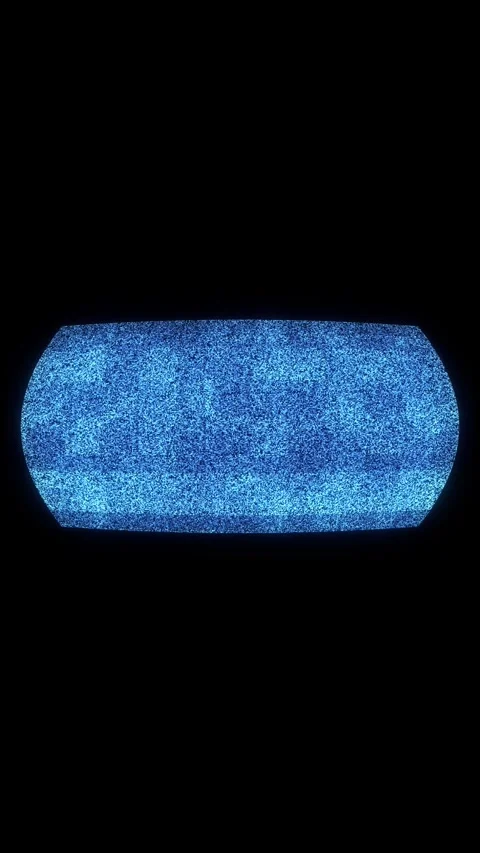 Blue static noise screen curved television display shape, pixel grain, and dark Stock Footage 340479542