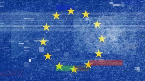 Blue static shifting, color bars sliding, twelve yellow stars forming ring to Stock Footage 326974177