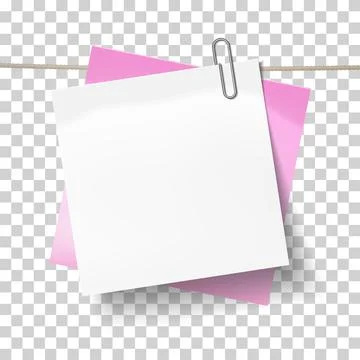 Blue sticky note and white sheet of paper attached metal paper clip on tape. Stock Illustration