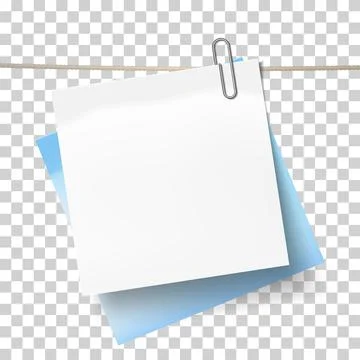 Blue sticky note and white sheet of paper attached metal paper clip on tape. Stock Illustration