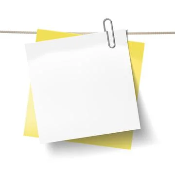 Blue sticky note and white sheet of paper attached metal paper clip on tape. Stock Illustration