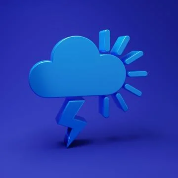 Blue Storm icon isolated on blue background. Cloudy with lightning and sun .. Stock Illustration