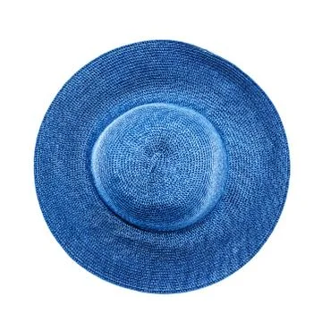 Blue straw hat on white background top view. Stock Photos
