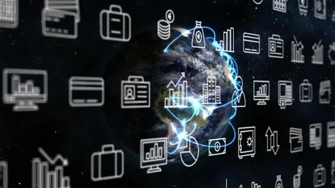 Blue streams starting right, tracing globe, connecting finance icons and Stock Footage 330236859