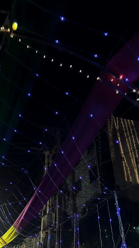 Blue String Lights and Draped Fabric Stock Footage 334671819