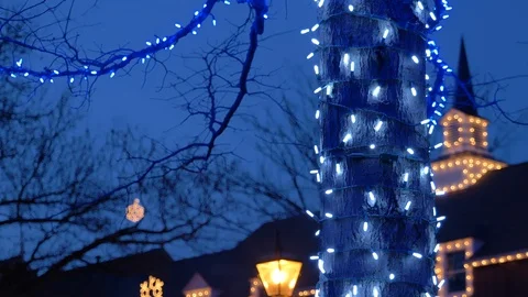 Blue string lights wrapped on tree in front of house with lights 動画素材 121076925