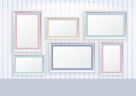 Blue striped line pattern wallpaper with picture frames and spot light 스톡 일러스트
