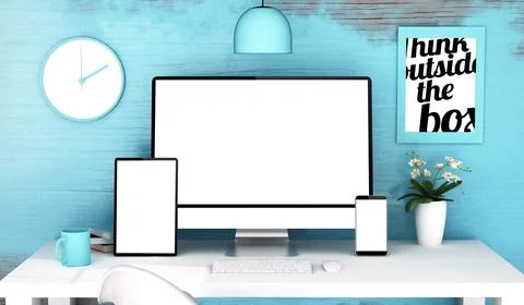 Blue studio with responsive devices mockup Stock Illustration