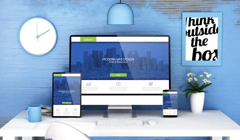 Blue studio with responsive modern web design on devices mockup Illustrazione stock