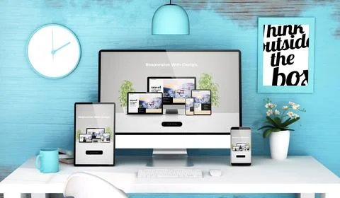 Blue studio with responsive web design on devices mockup Stock Illustration