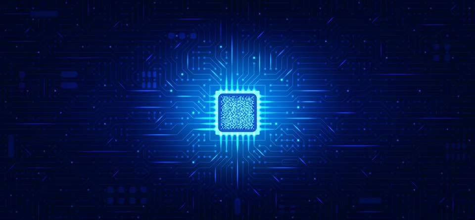 Blue style semiconductor chip with circuit lines microchip network abstract. Stock Illustration