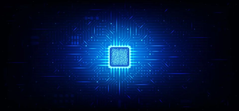 Blue style semiconductor chip with circuit lines microchip network abstract. Stock Illustration
