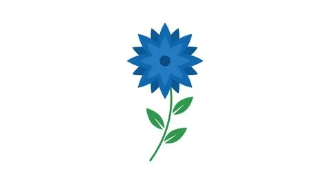 Blue stylized flower with green stem and leaves Stock Illustration