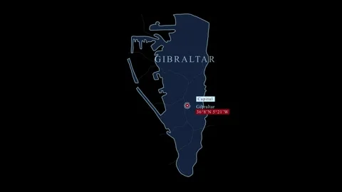 Blue stylized Gibraltar map with capital city and coordinates Видео 284462221