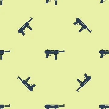 Blue Submachine gun M3, Grease gun icon isolated seamless pattern on yellow Stock Illustration