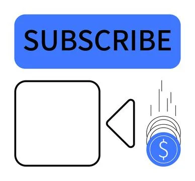 Blue Subscribe Button Above Video Play Icon and Falling Coins Representing .. Stock Illustration