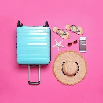 Blue suitcase and beach objects on pink background, flat lay 스톡 사진