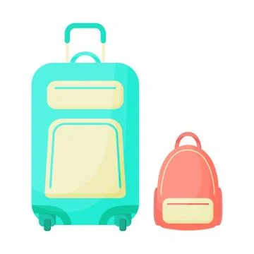 Blue suitcase and pink backpack isolated on a white background. Vector Stock Illustration
