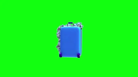 A blue suitcase filled with dollar bills spins on a green screen 3D animation Stock Footage 335596586