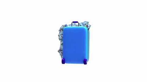 Blue suitcase filled with dollar bills spinning, 3D rendering Видео 335826427
