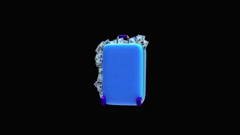 Blue suitcase filled with dollar bills on black in 3D animation. Stock Footage 337061940