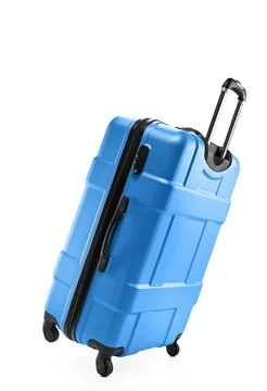 Blue suitcase plastic on two wheels 스톡 사진